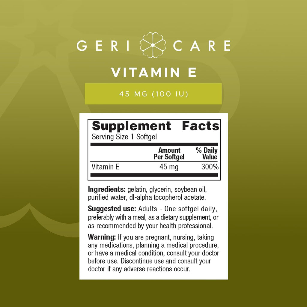GeriCare High-Potency Vitamin E Capsules – 100 IU for Skin & Immune Support, 45mg | 100 Count | Organic Vitamin E for Women and Men