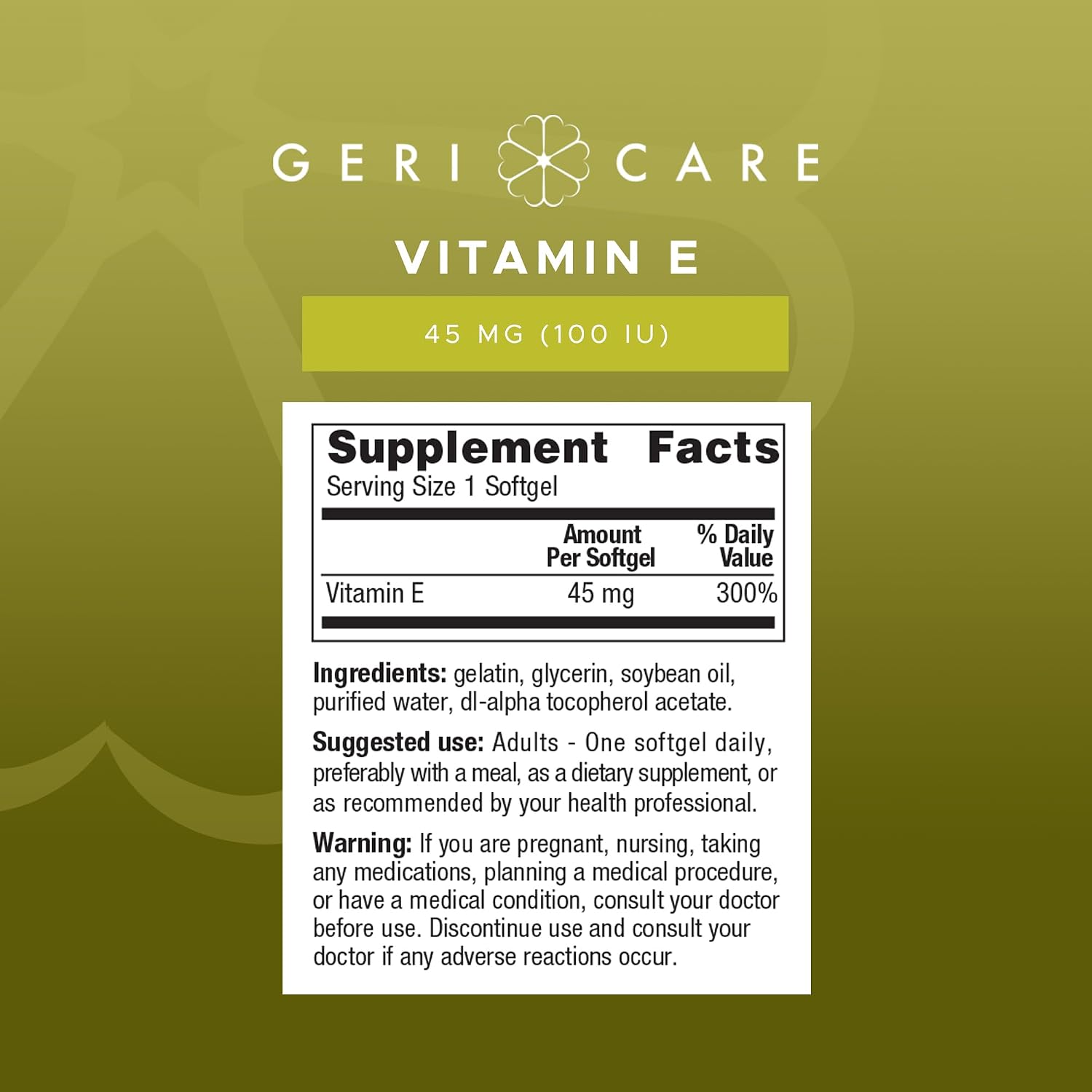 GeriCare High-Potency Vitamin E Capsules – 100 IU for Skin & Immune Support, 45mg | 100 Count | Organic Vitamin E for Women and Men