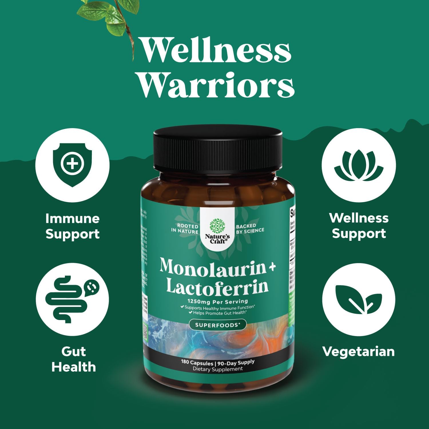 High Strength Lactoferrin & Monolaurin Supplement - 250mg Lactoferrin and 1000mg Monolaurin - 180 Cápsulas Vegetarianas