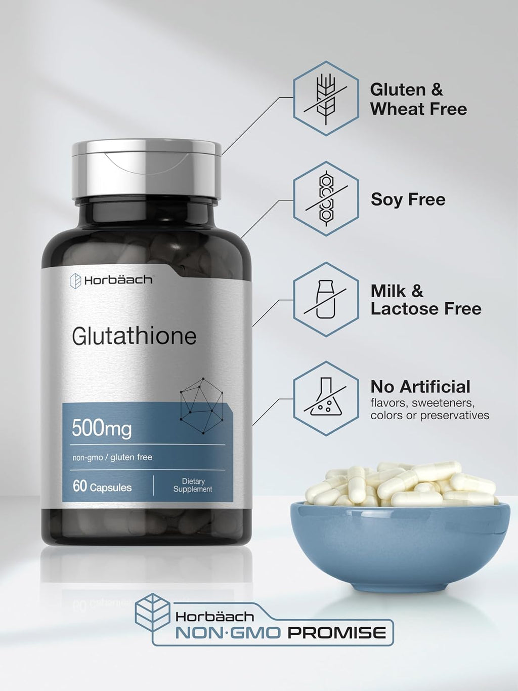Horbäach L-Glutatión 500mg | 60 Cápsulas | Forma Reducida | Sin Gluten y No Transgénico