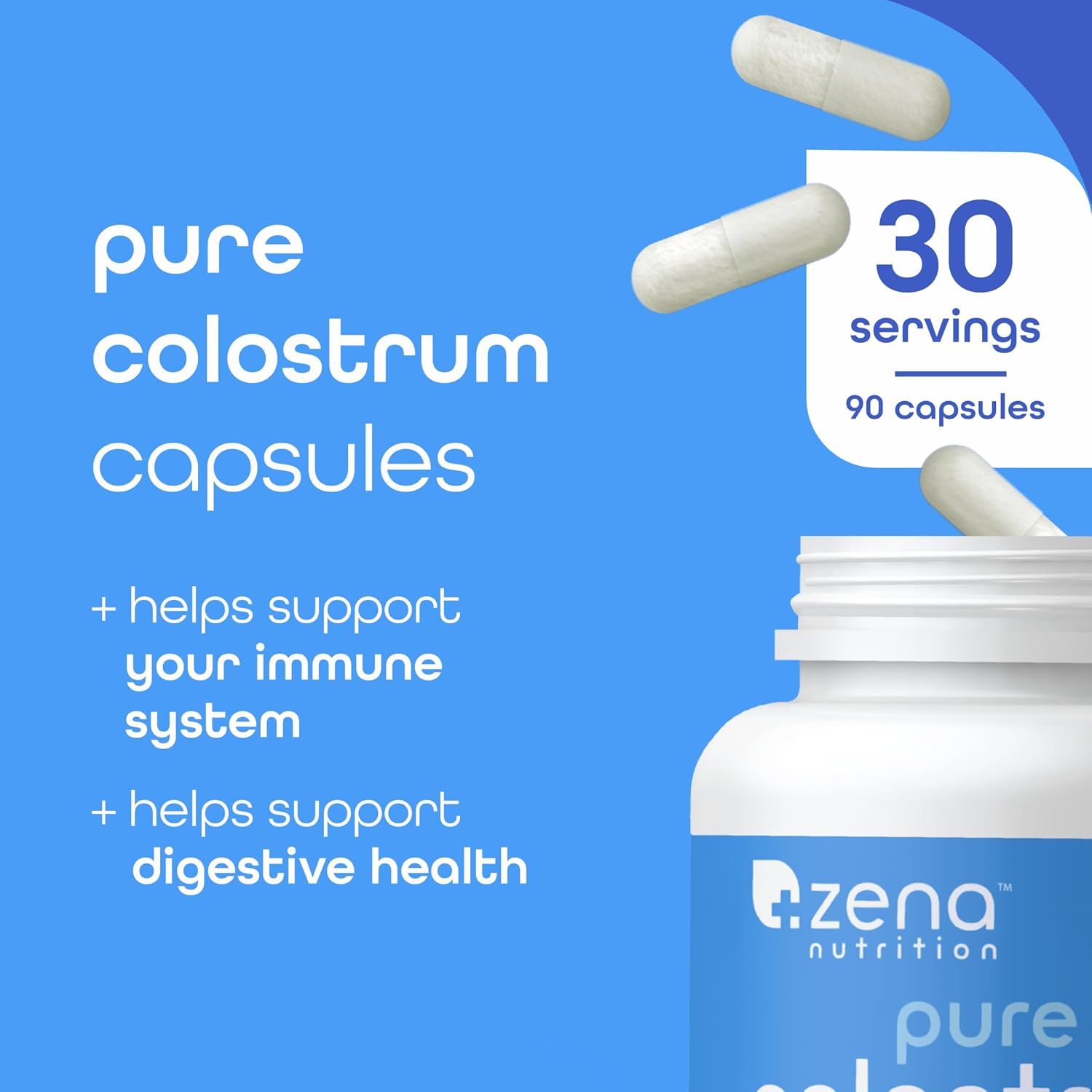 Zena Nutrition Pure Colostrum Capsules – Calostro Bovino Puro en Cápsulas, 1500mg