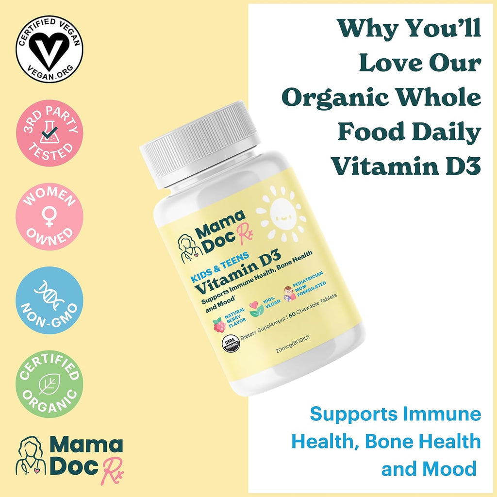MamaDoc Rx Vitamina D3 Orgánica Masticable para Niños y Adolescentes | 800 UI | Sin Azúcar, Vegano, Sin Alérgenos | 2 Meses de Suministro | Edad 3+