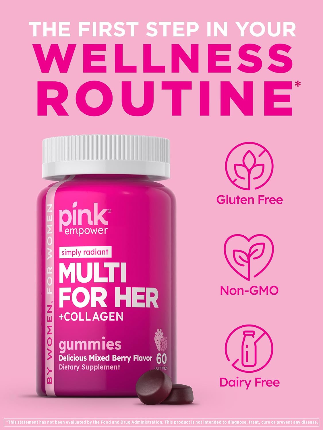 PINK Multivitamínico en Gominolas para Mujeres con Colágeno y Biotina - Sin Gluten y No Transgénico - Sabor Frutos Rojos