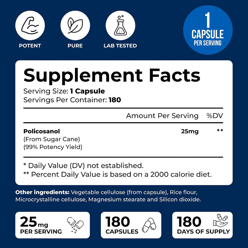 Policosanol 25mg - 180 Cápsulas - Suplemento Alimenticio de Caña de Azúcar - No OGM y Sin Gluten
