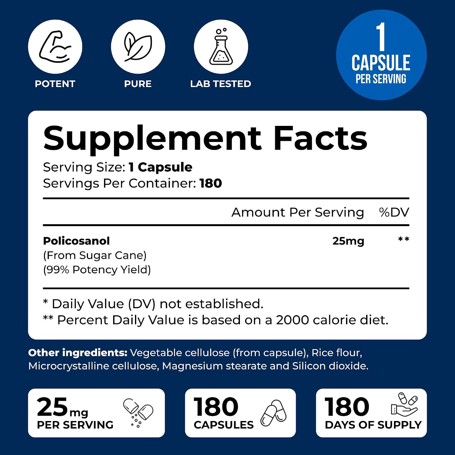 Policosanol 25mg - 180 Cápsulas - Suplemento Alimenticio de Caña de Azúcar - No OGM y Sin Gluten