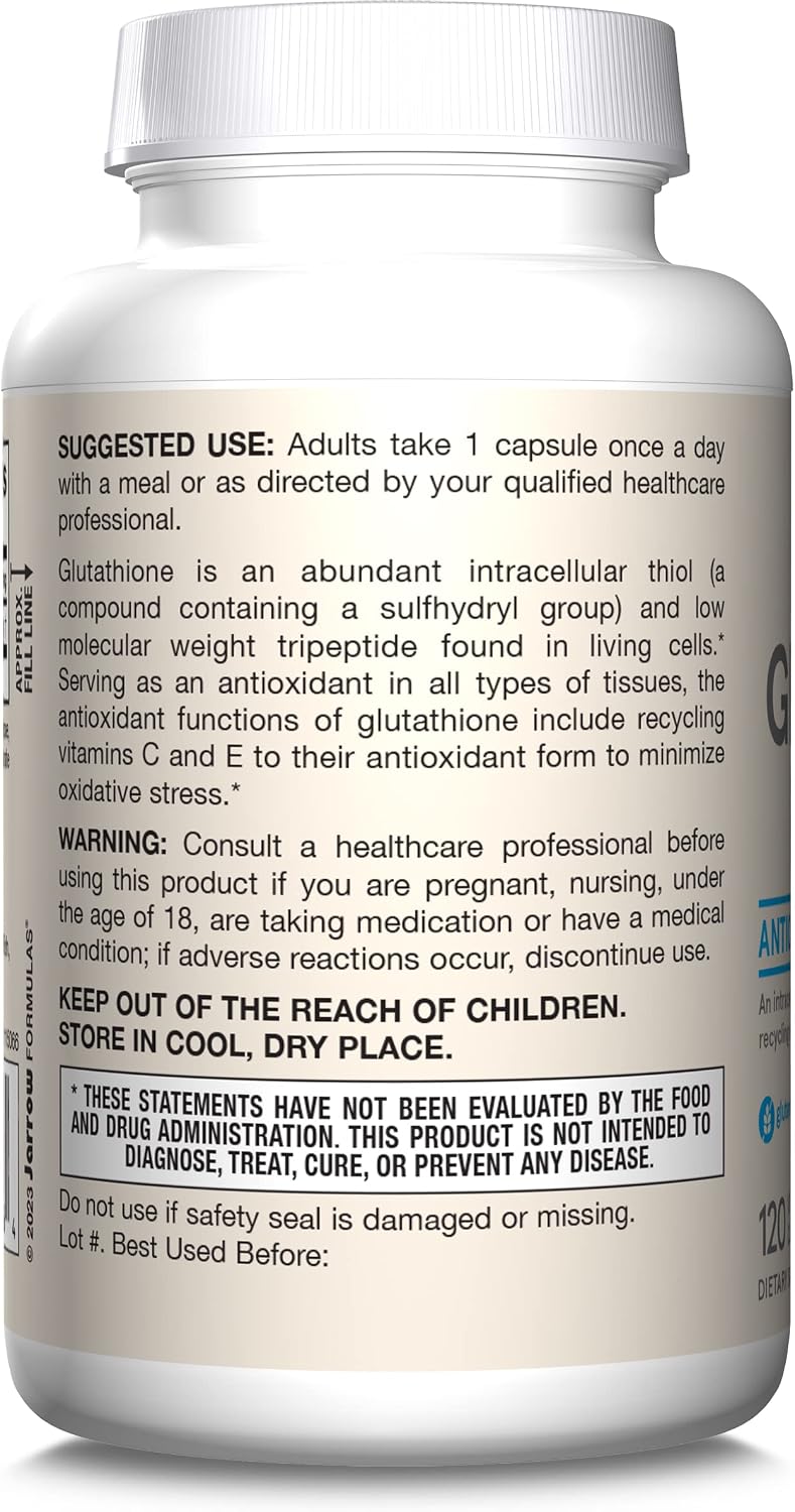 Jarrow Formulas Reduced Glutathione 500 mg - 120 Vegetable Capsules - Intracellular Antioxidant