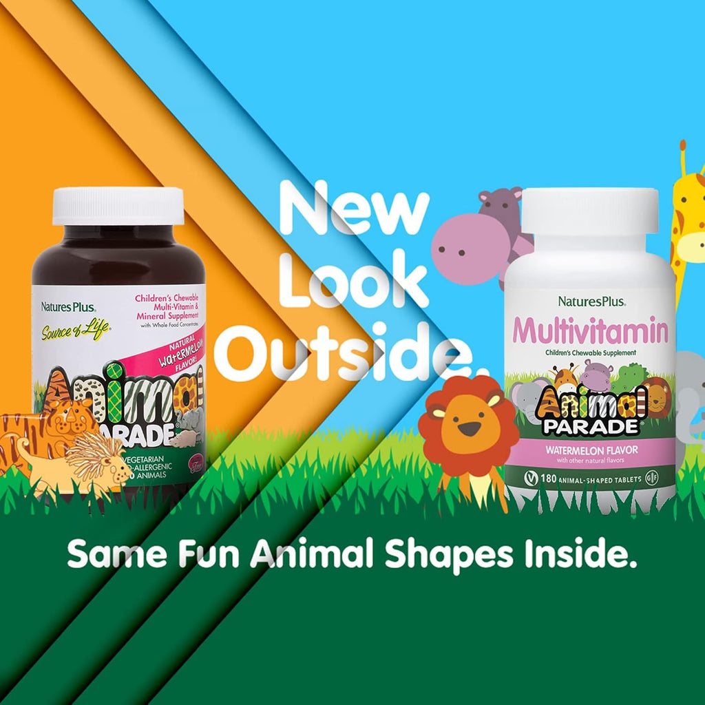 NaturesPlus Animal Parade Multivitamin Chews for Children, Watermelon - 180 Animal Shaped Tablets - Vegan, Gluten Free