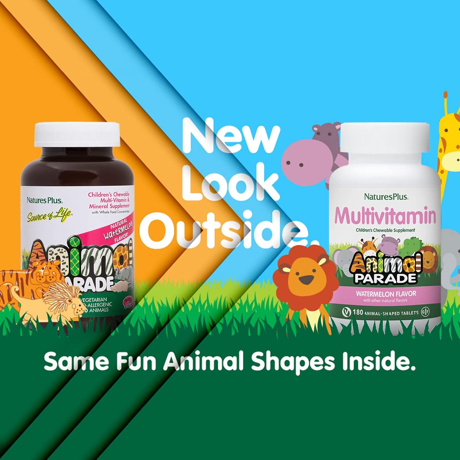 NaturesPlus Animal Parade Multivitamin Chews for Children, Watermelon - 180 Animal Shaped Tablets - Vegan, Gluten Free