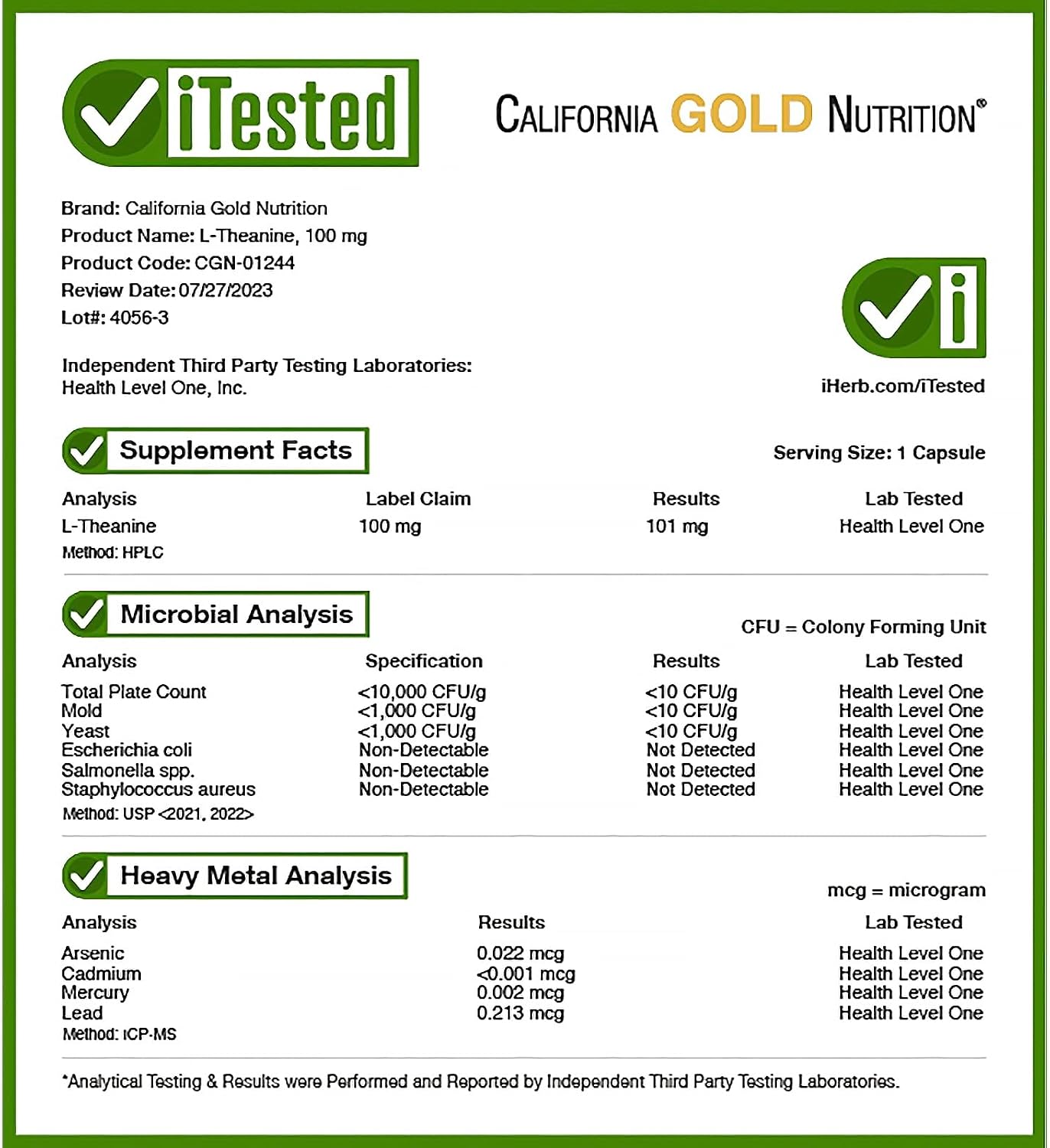 California Gold Nutrition L-Teanina, con AlphaWave, 100 mg, 30 Cápsulas Vegetales