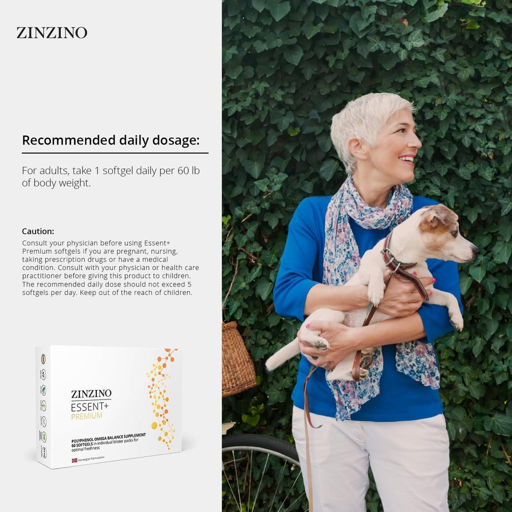 Zinzino - Essent+ Premium, Advanced Polyphenol Omega Balance with Fish Oil, Glycerin, Cold-Pressed Extra Virgin Olive Oil, Vitamin D - 60 Softgels
