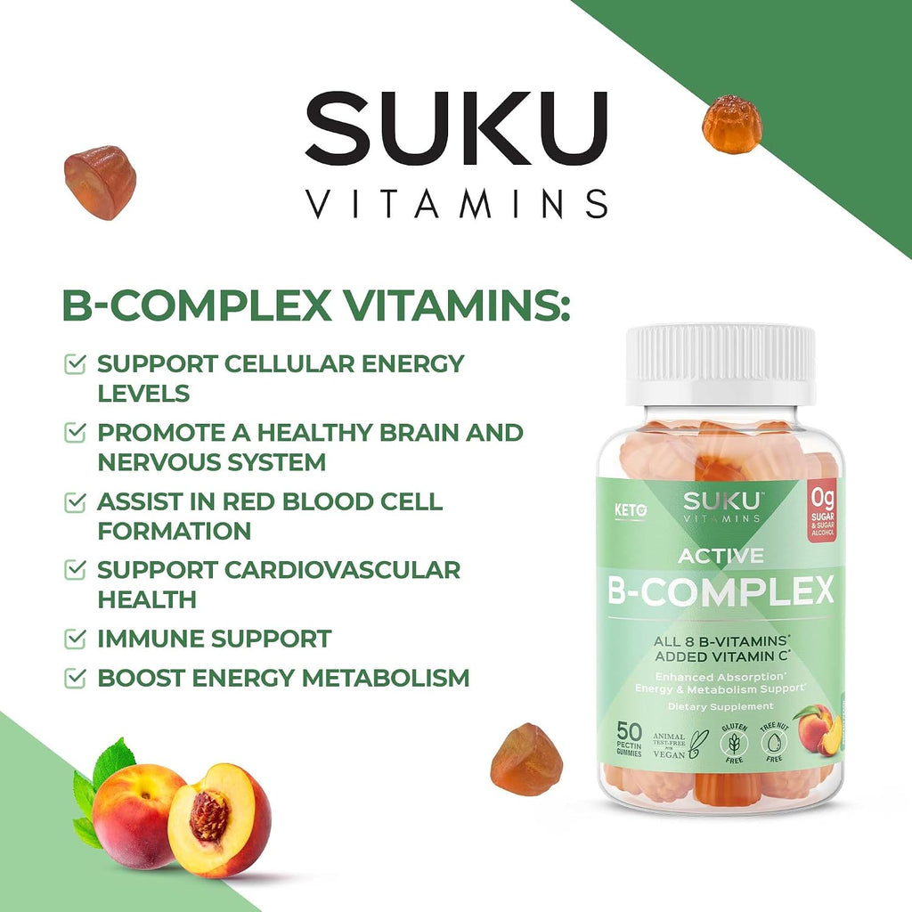 SUKU Gomitas de Complejo B con Vitamina C – Sin Azúcar, Vegano, 8 Vitaminas B, Sabor Melocotón (50 Gomitas)