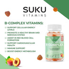 SUKU Gomitas de Complejo B con Vitamina C – Sin Azúcar, Vegano, 8 Vitaminas B, Sabor Melocotón (50 Gomitas)