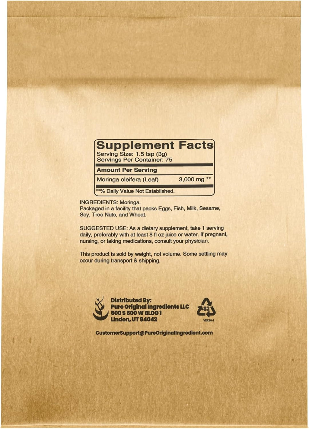 PURE ORIGINAL INGREDIENTS Moringa (227g) Extracto de Hoja de Moringa Oleifera, Suplemento Natural