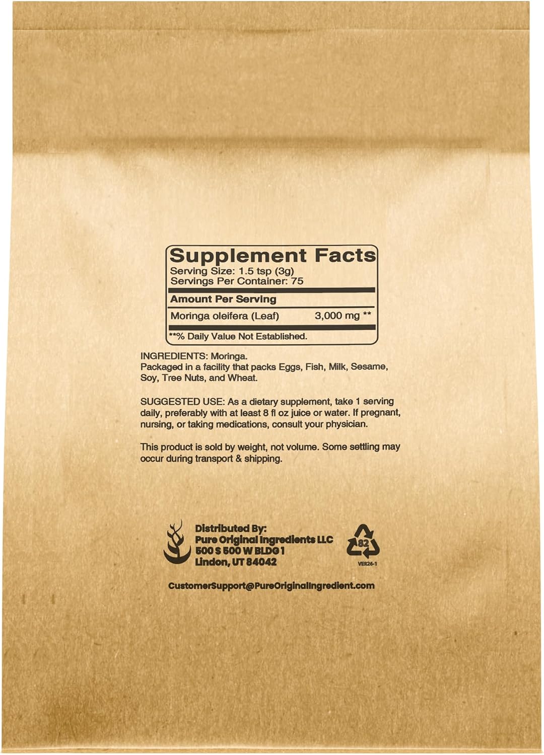 PURE ORIGINAL INGREDIENTS Moringa (227g) Extracto de Hoja de Moringa Oleifera, Suplemento Natural