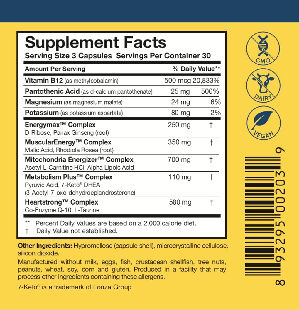 Energy Multi-Plex de Researched Nutritionals - Suplemento Energético Vegano con 14 Ingredientes (90 Cápsulas)
