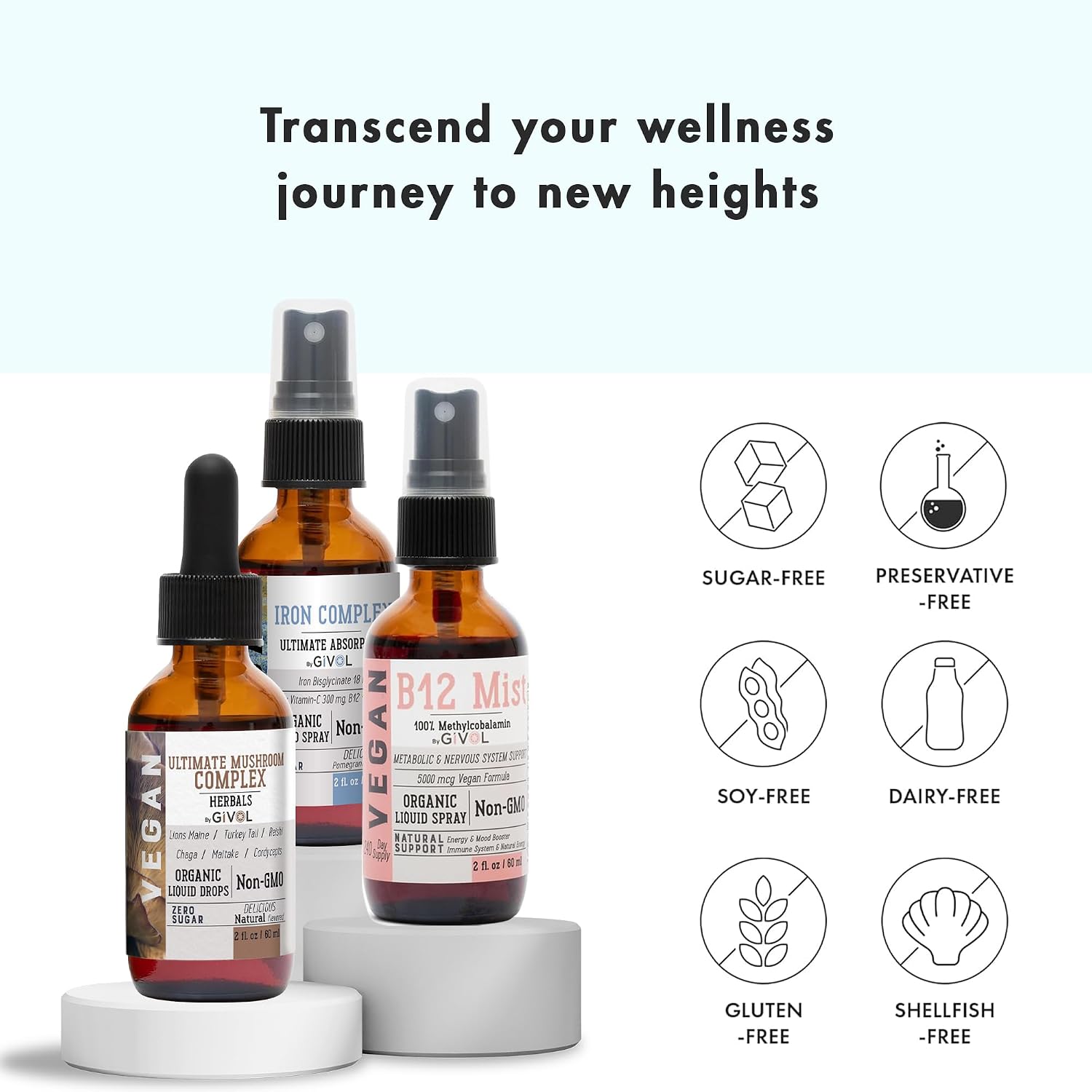 GIVOL Ultimate Vegan Essential Bundle Liquid Spray - Complejo de Hongos, Hierro Bisglicinato y Vitamina B12 Metilcobalamina, 60 ml (360 días)