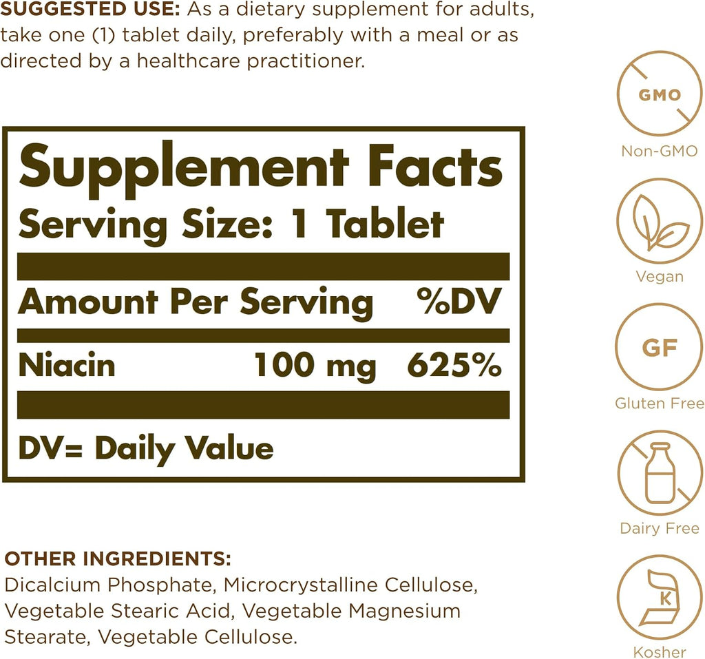 Solgar Niacin (Vitamina B3) 100 mg - 100 Tablets - Supports Energy Metabolism - Non-GMO, Vegan, Gluten-Free, Dairy-Free, Kosher