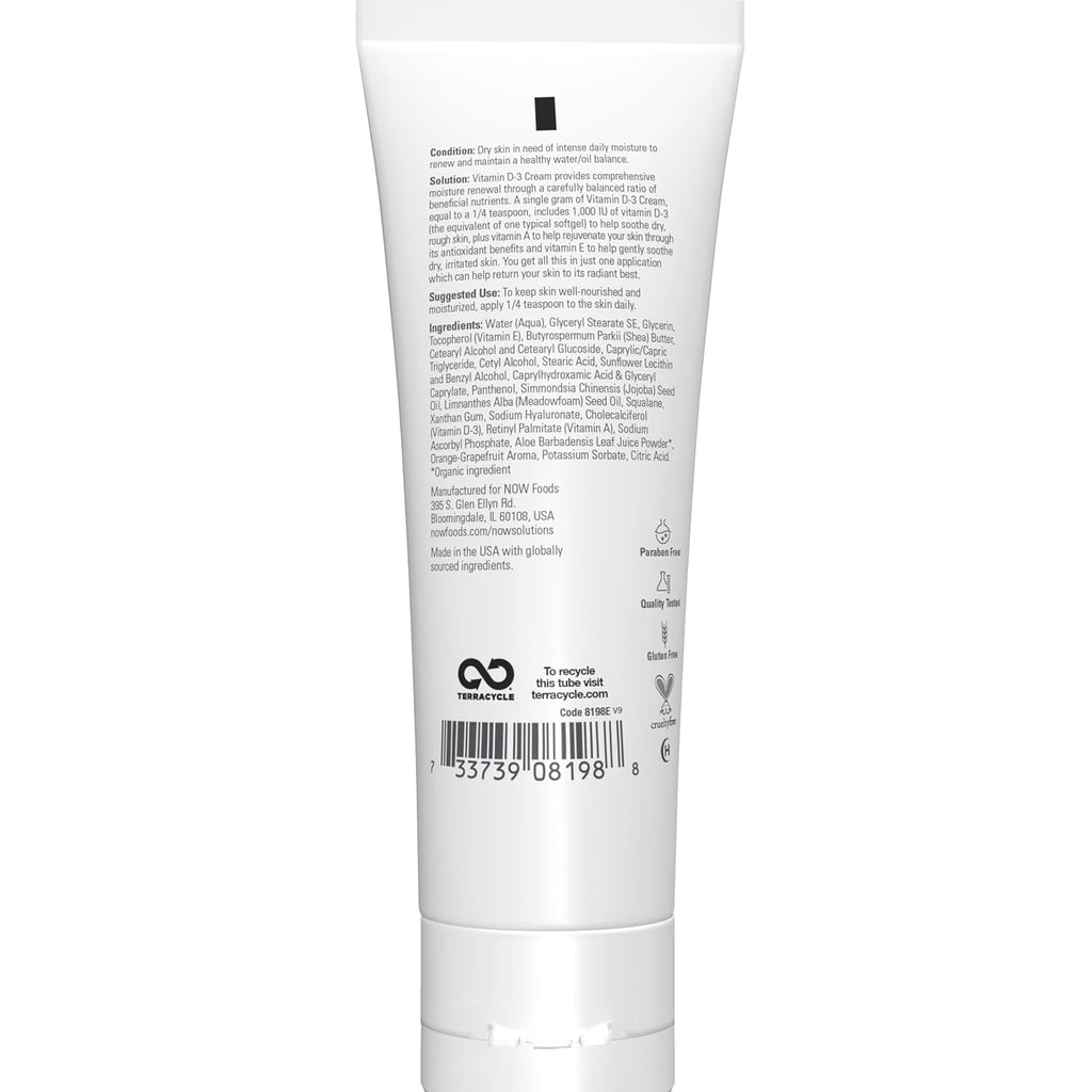 NOW Solutions, Vitamin D3 Cream 1000 IU per Gram, High Potency, Intensive Moisturizer, 4 oz