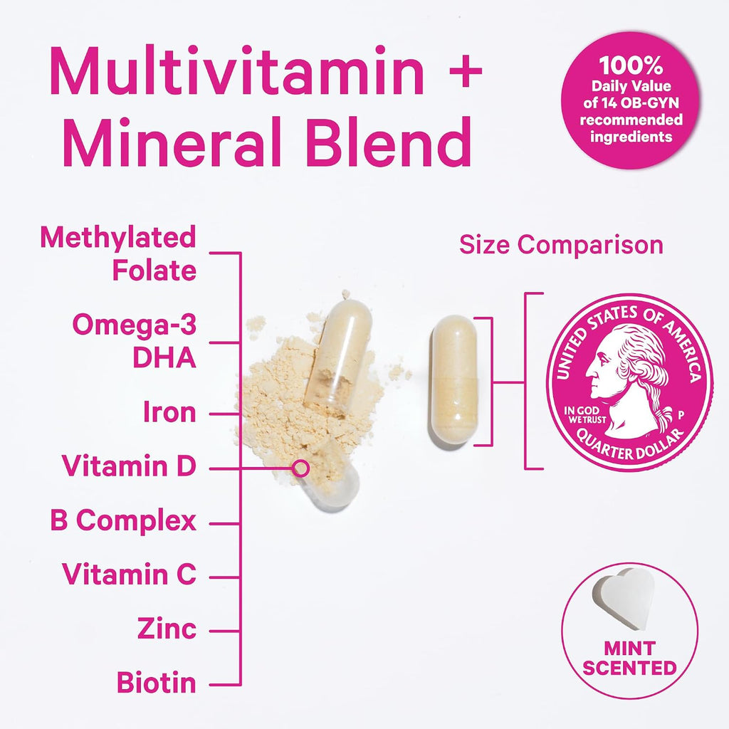 Pink Stork Total Prenatal Vitaminas con DHA - Menta (180 Cápsulas, 3 Meses)