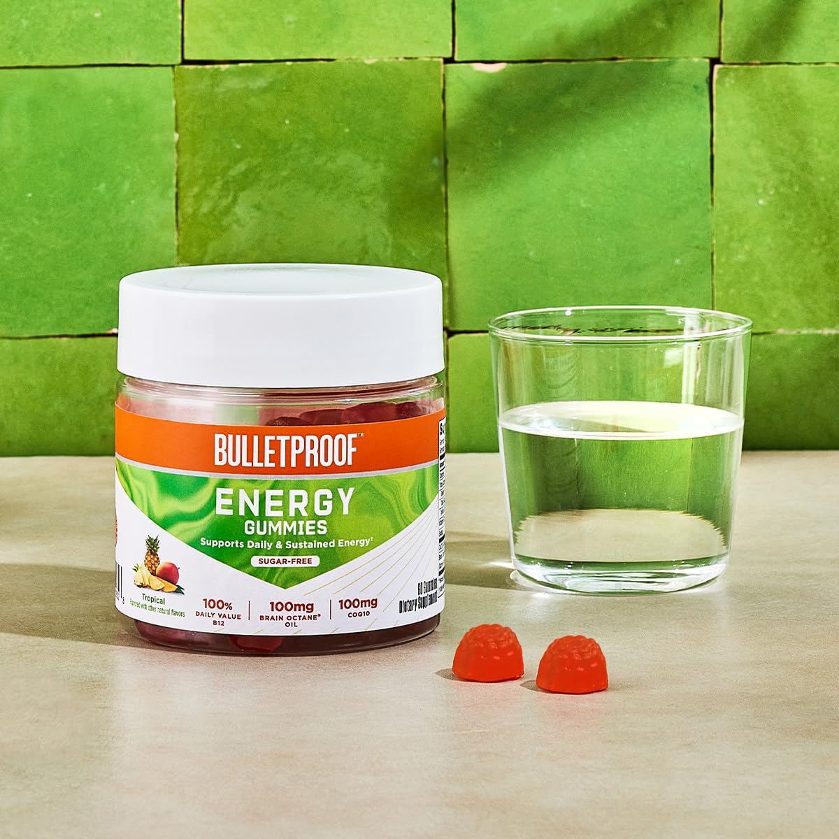 Bulletproof Gominolas de Energía Tropical Sin Azúcar, 60 unidades, con Vitamina B12, CoQ10 y Aceite Brain Octane