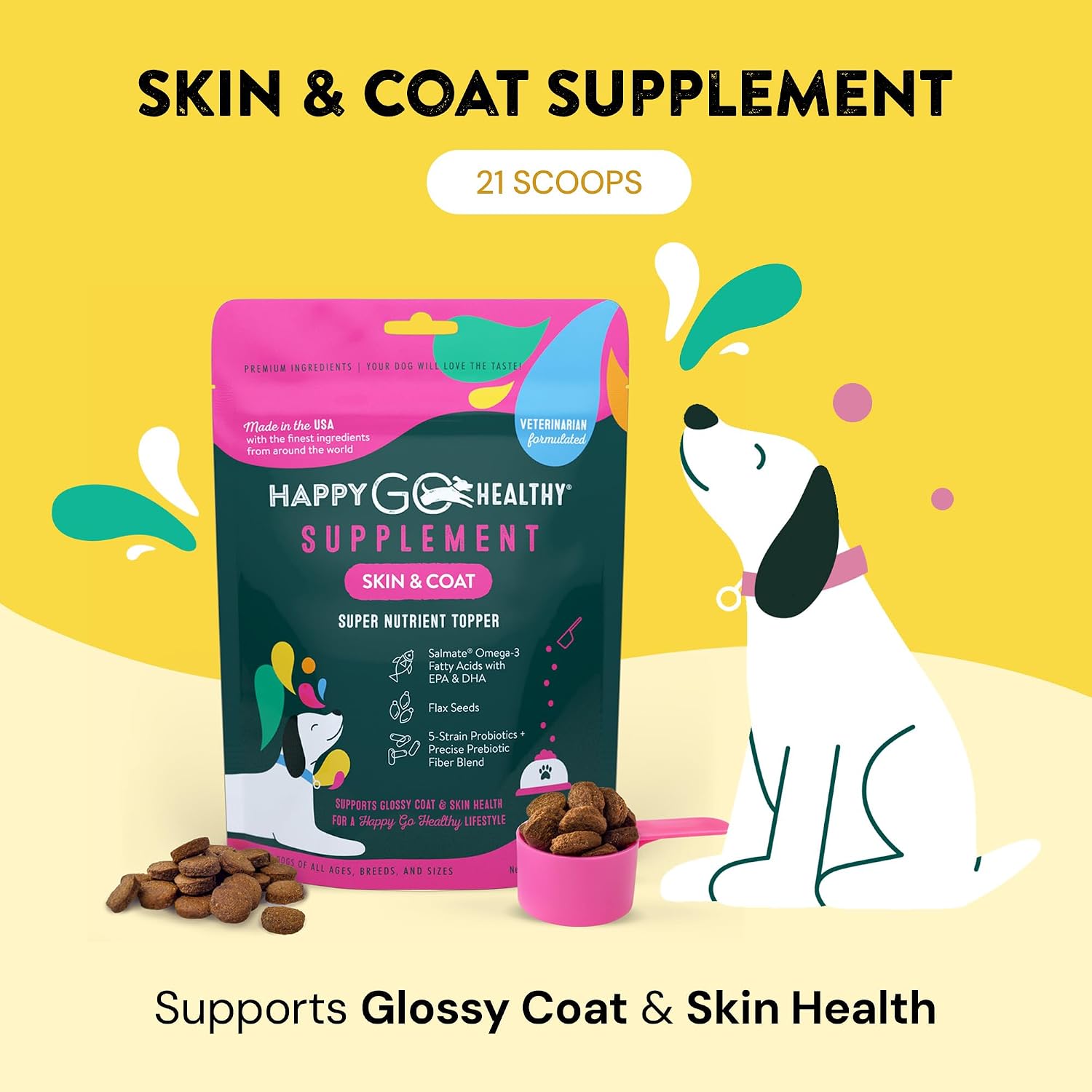 Happy Go Healthy Suplemento para Piel y Pelaje para Perros | Con Omega-3 y Probióticos | 21 porciones
