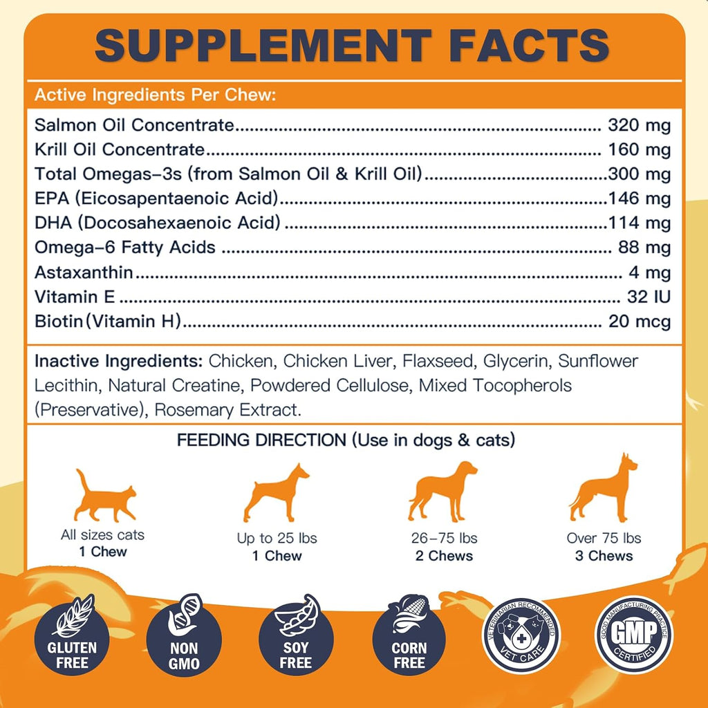 Aceite de pescado omega 3 para perros, aceite de salmón con EPA y DHA - 120 chews - DRFOSTER