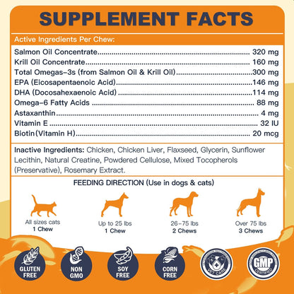 Aceite de pescado omega 3 para perros, aceite de salmón con EPA y DHA - 120 chews - DRFOSTER