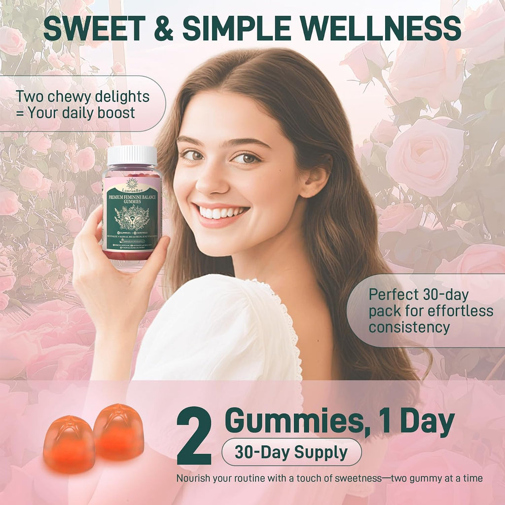 LanranBee Premium Feminine Balance Gummies - Probiótico Vaginal - 60 Gominolas - Sabor Piña Hawaiana