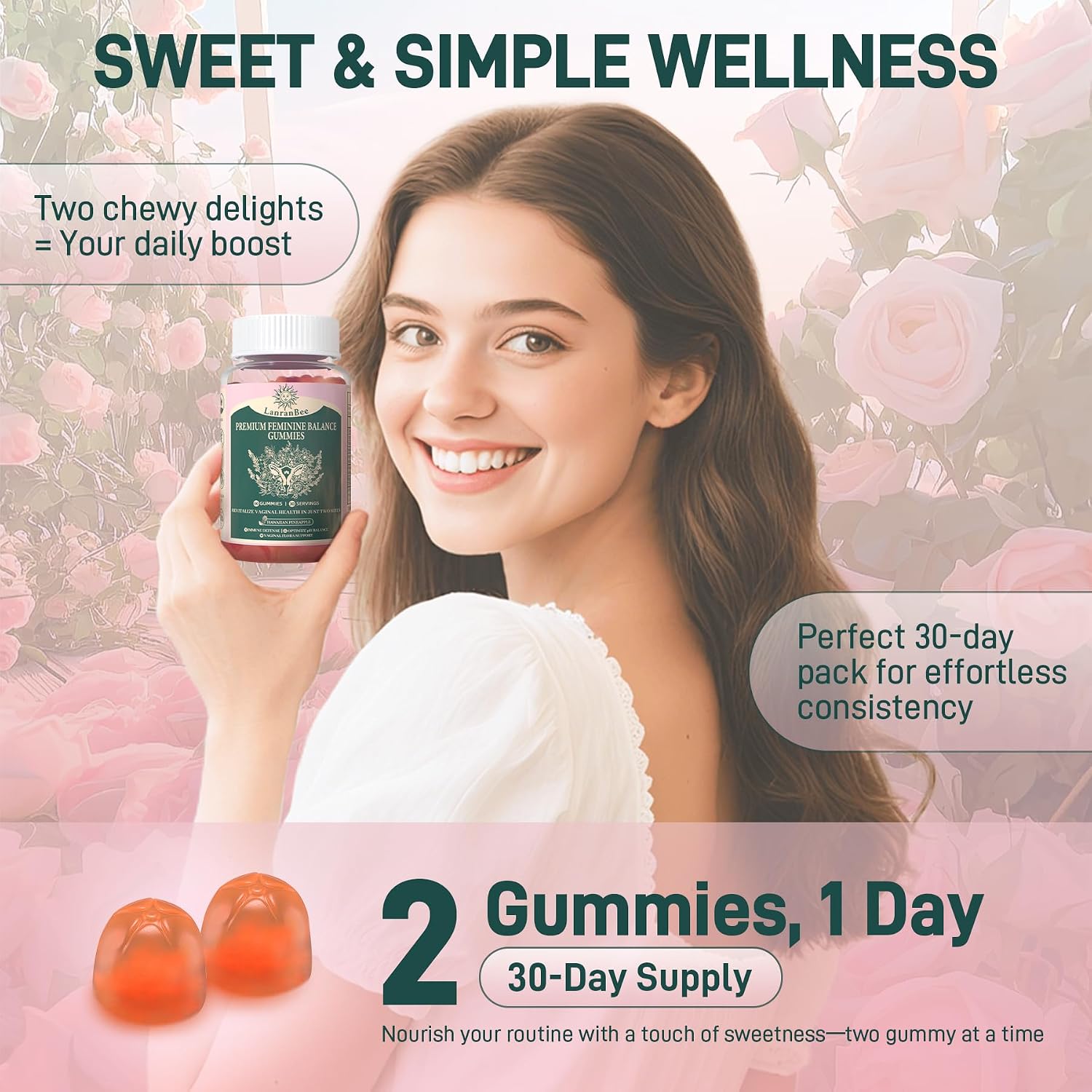 LanranBee Premium Feminine Balance Gummies - Probiótico Vaginal - 60 Gominolas - Sabor Piña Hawaiana