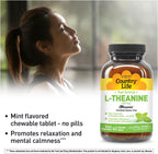 Country Life L-Teanina de Acción Rápida 100 mg, 60 Tabletas Masticables, Sabor a Menta, Certificado Sin Gluten, Vegano