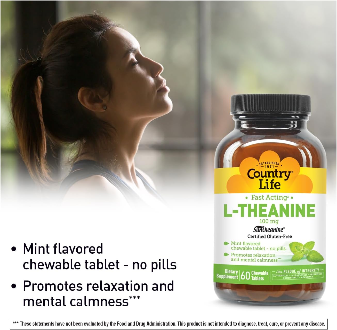 Country Life L-Teanina de Acción Rápida 100 mg, 60 Tabletas Masticables, Sabor a Menta, Certificado Sin Gluten, Vegano