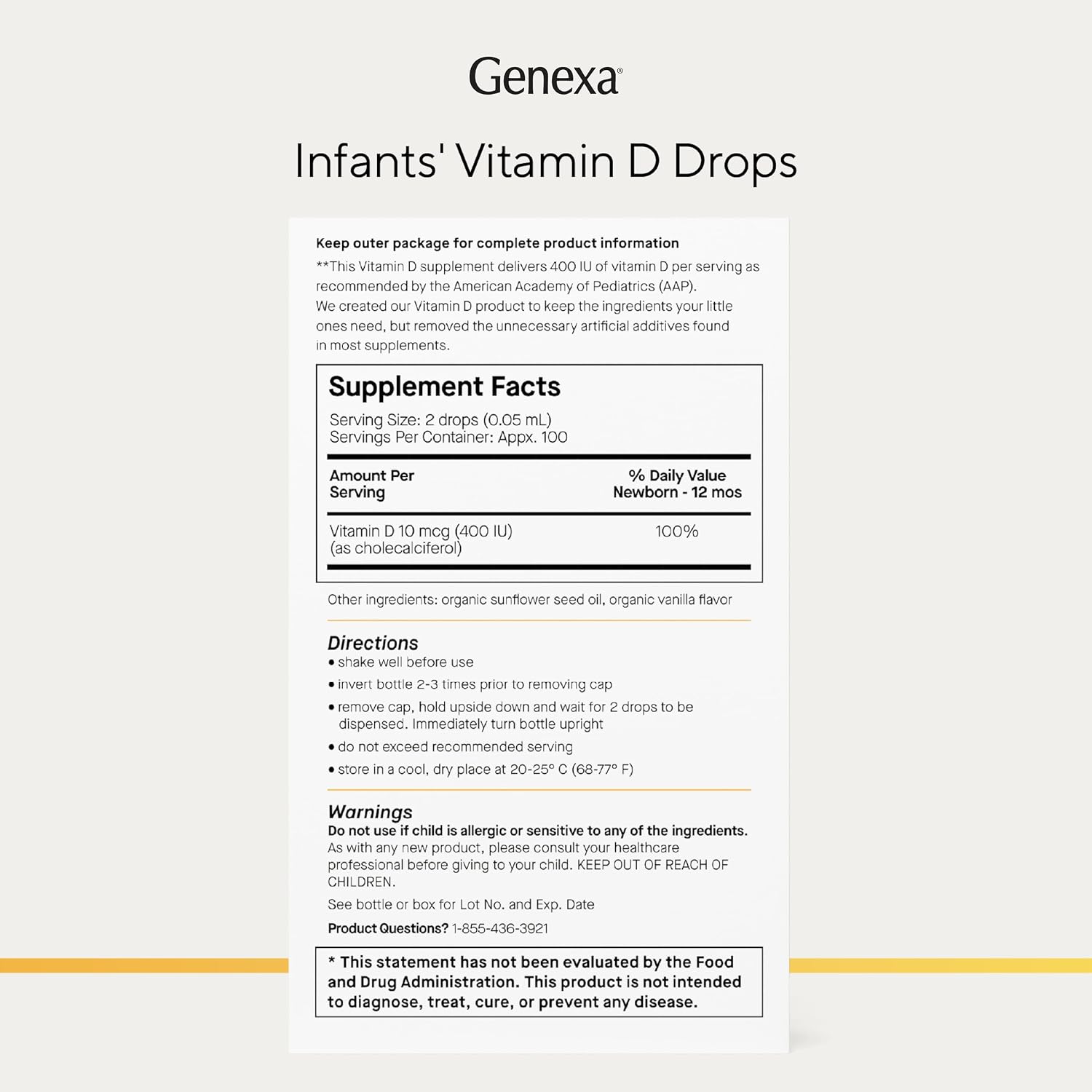Genexa Vitamina D3 Líquida para Bebés - Gotas Orgánicas con Sabor a Vainilla - 90 Dosis