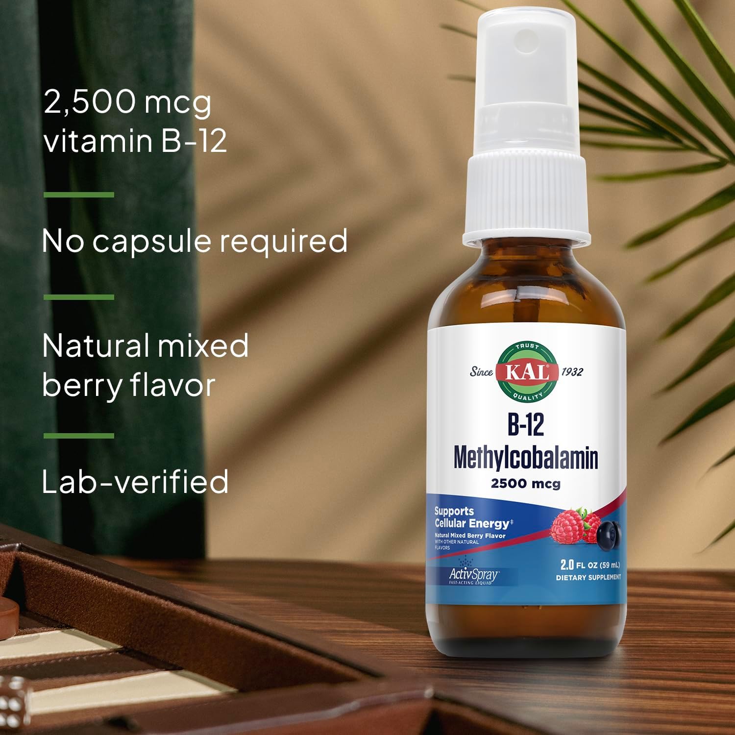 KAL Vitamina B12 Metilcobalamina ActivSpray 2500 mcg, Spray de Vitamina B12, Sabor Natural a Bayas, 80 Servicios, 60 ml