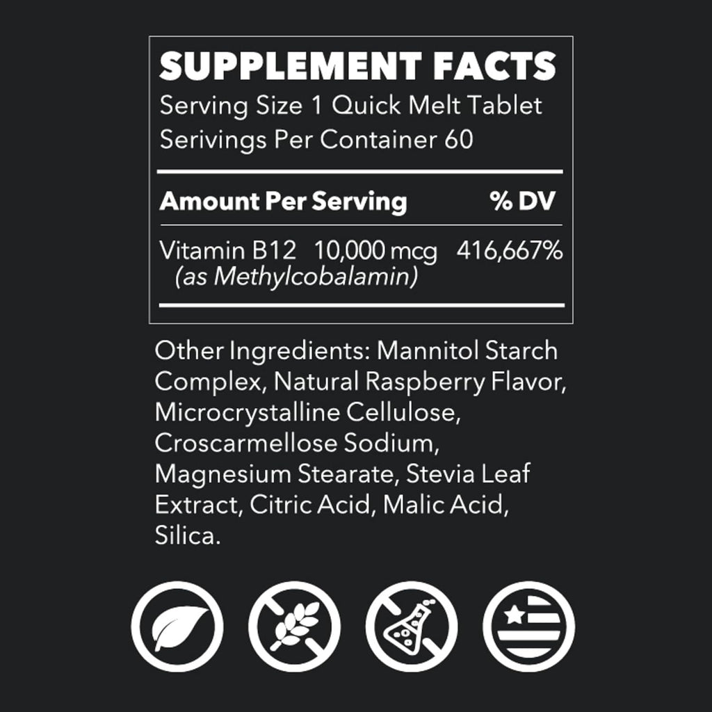 LifeSeasons Essentials Vitamina B12 10.000 mcg Quick Melts – Metilcobalamina B12 para la producción de energía y el soporte del sistema nervioso – Sabor a bayas – Comprimidos de disolución rápida – 60 comprimidos