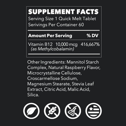 LifeSeasons Essentials Vitamina B12 10.000 mcg Quick Melts – Metilcobalamina B12 para la producción de energía y el soporte del sistema nervioso – Sabor a bayas – Comprimidos de disolución rápida – 60 comprimidos