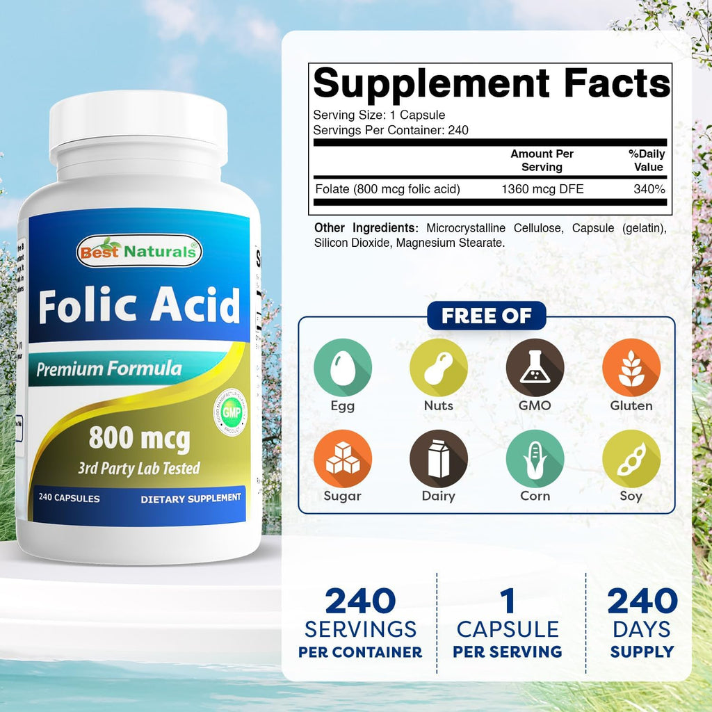 Folic Acid 800 mcg, 240 Capsules - Best Naturals