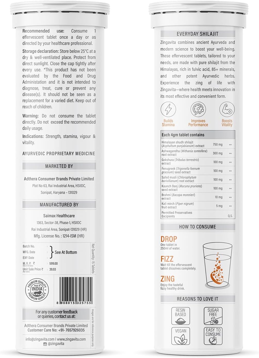 Zingavita Ayurveda Himalayan Shilajit 750mg Efervescente con Ashwagandha, Gokshuru, Fenogreco, Brahmi y Safed Musli - Pack de 2