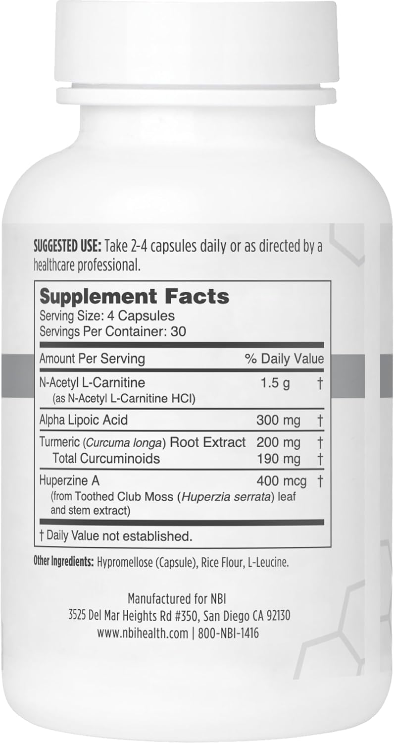 NBI Brain Blend para Memoria, Concentración y Función Cognitiva | Sin Cafeína con ALCAR, Ácido Alfa Lipoico, Huperzina A, Cúrcuma | Nootrópico | 120 Cápsulas