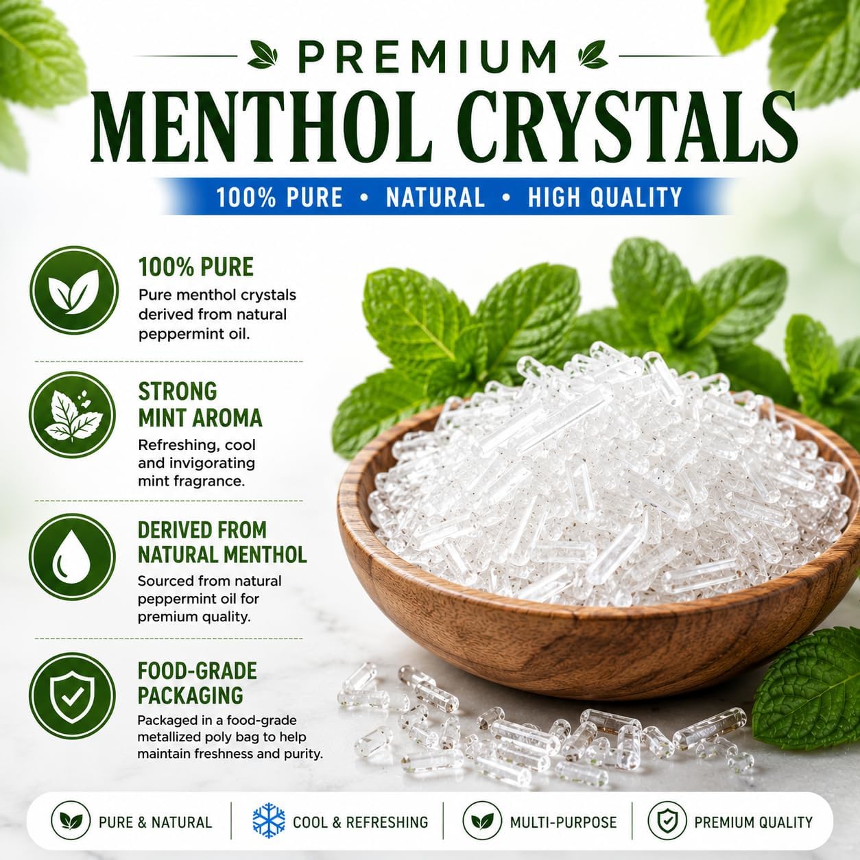 GreenHealth Premium Menthol Crystals – 1 lb (16 oz) | 100% Pure Natural | Strong Peppermint Aroma | Food Grade Mylar Bag | Melting Point 95–107°F