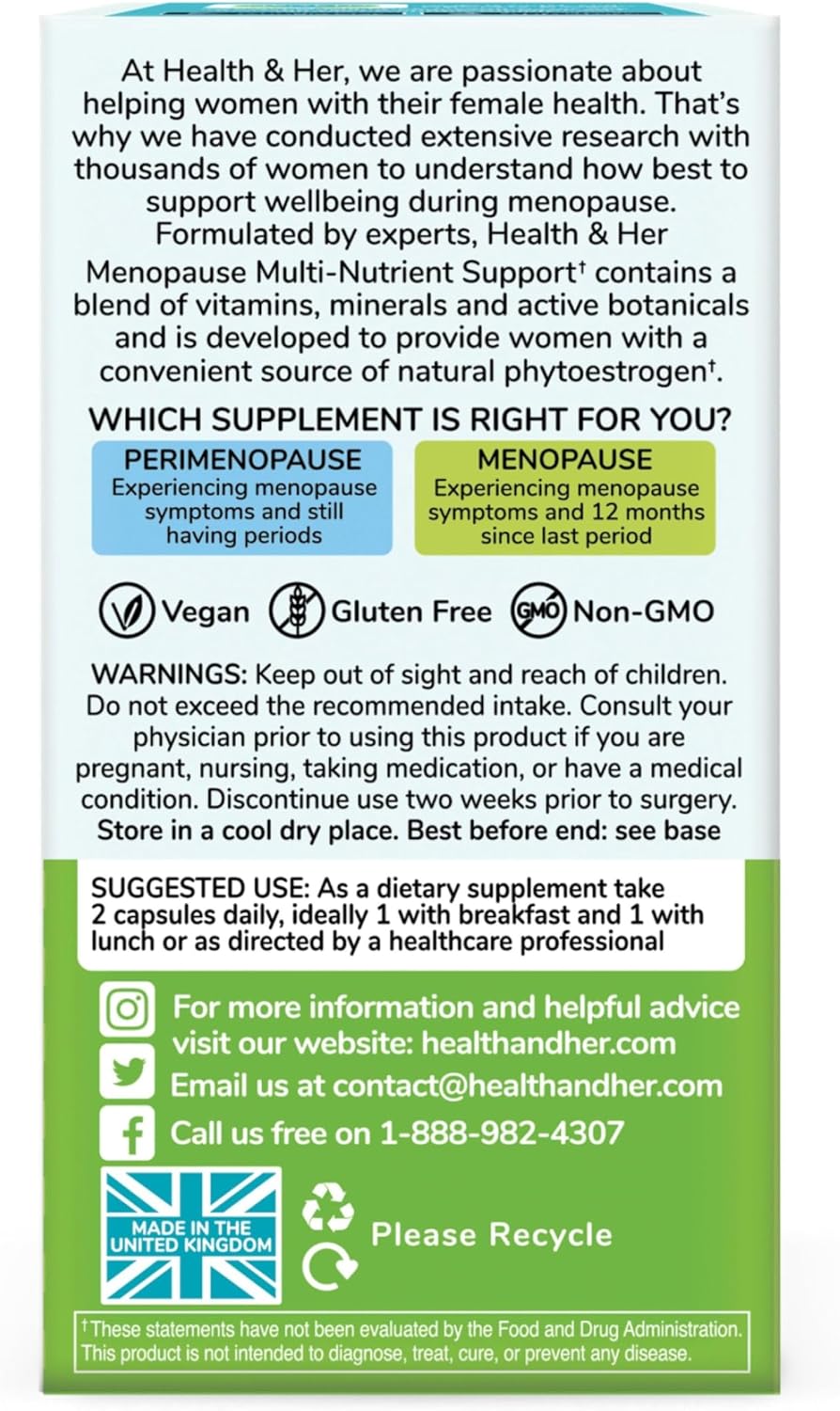 Health & Her Complementos para la Menopausia - Apoyo Multinutriente para Energía, Huesos, Músculos, Piel y Cabello - Vegano, Sin Gluten (60 Cápsulas - 1 Mes)