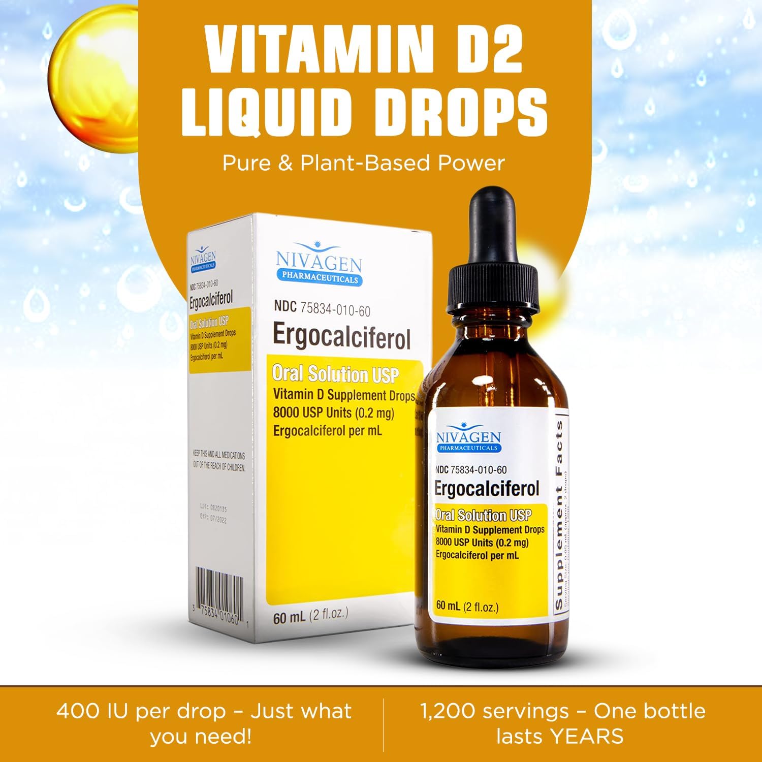 Nivagen Gotas Líquidas de Vitamina D2, 400 UI por Dosis, 60 ml