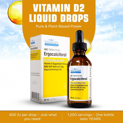 Nivagen Gotas Líquidas de Vitamina D2, 400 – Mantenimiento de los niveles normales de calcio en sangre: Ayuda a – Image 2