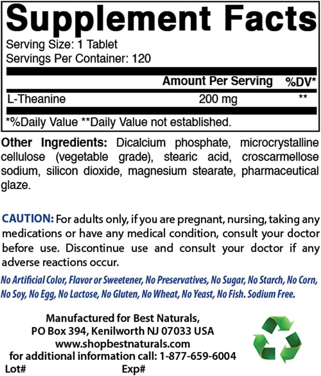 Best Naturals L-Teanina 200 mg | Relajación sin Somnolencia | 120 Comprimidos Vegetarianos (Paquete de 2)
