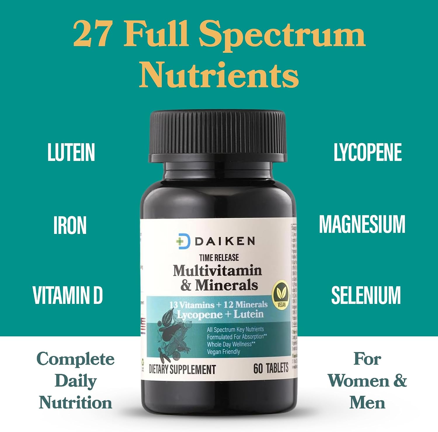 DAIKEN Mini Multivitamin, 60 Comprimidos, con Luteína, Licopeno y Ácido Fólico, Multivitamínico de Liberación Prolongada para Mujeres y Hombres, Vegano y Fácil de Tragar (Pack de 2)