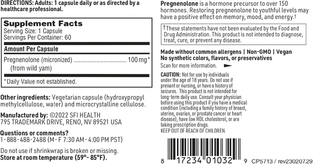 Klaire Labs Pregnenolona 100mg - 60 Cápsulas Vegetarianas