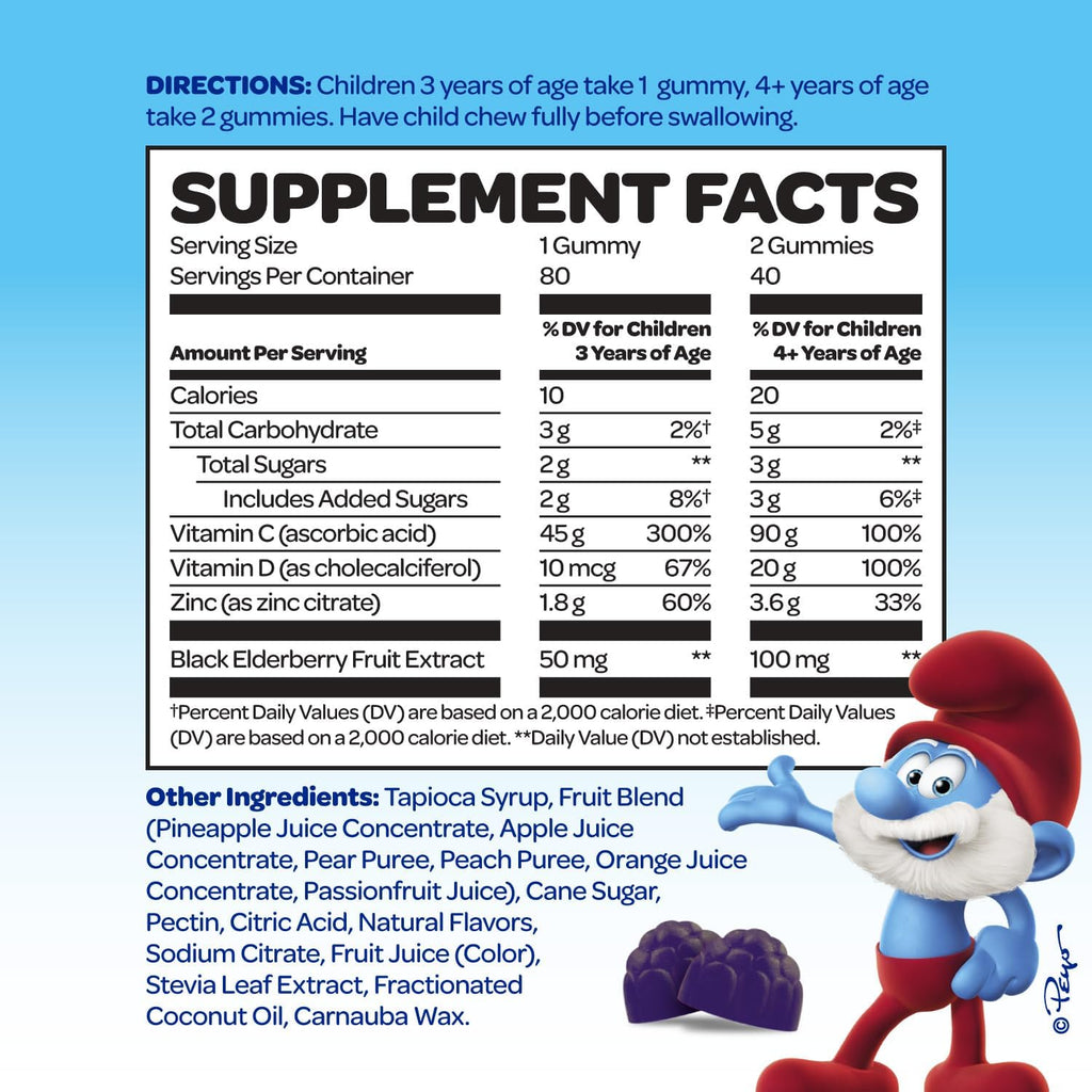 Smurfs Immune Support Gominolas para Niños con Saúco, Zinc, Vitamina C y D - Defensas Naturales - 80 Gominolas