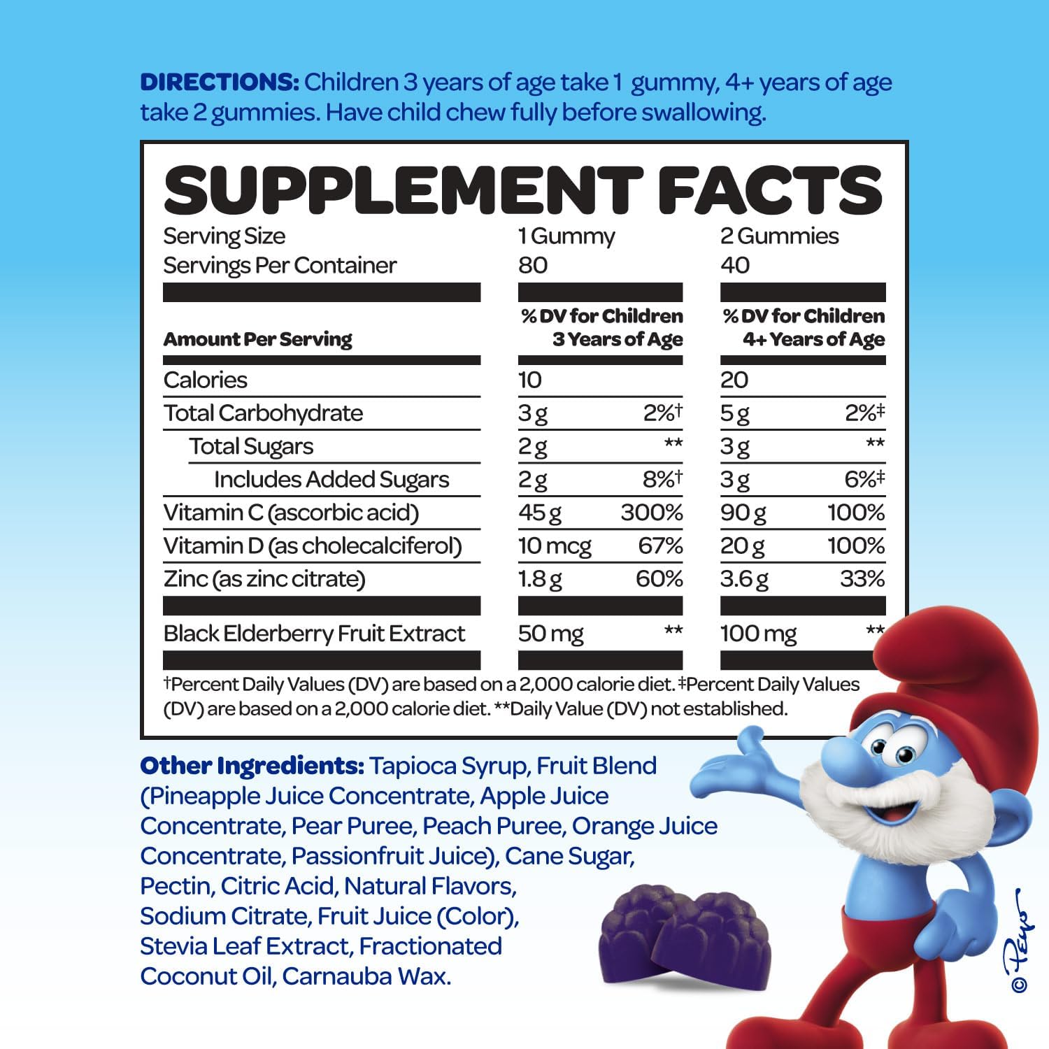 Smurfs Immune Support Gominolas para Niños con Saúco, Zinc, Vitamina C y D - Defensas Naturales - 80 Gominolas