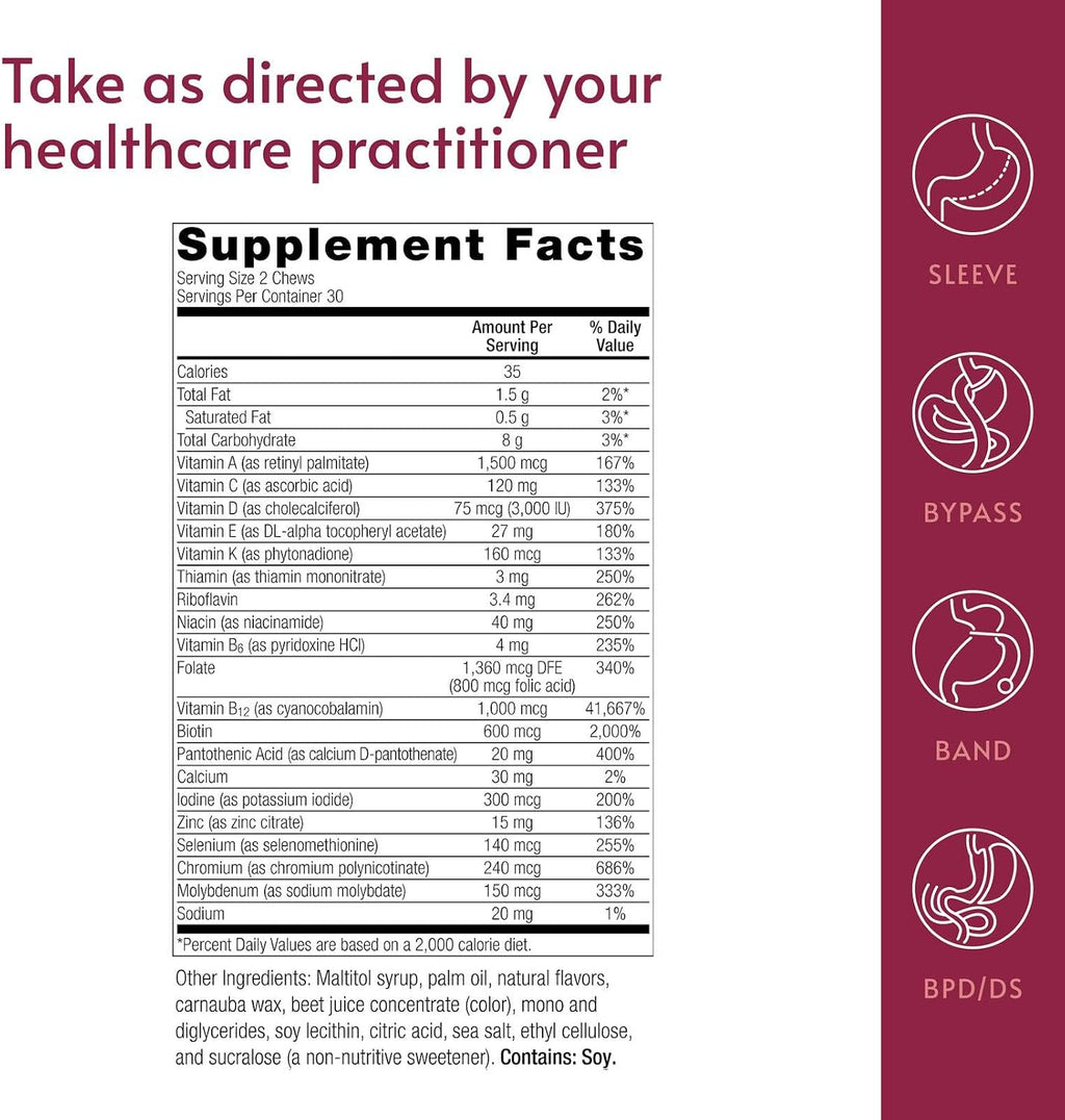 Bariatric Advantage Multi Chewy Bite – Multivitamínico masticable para cirugía bariátrica, sabor fresa sandía, 60 unidades