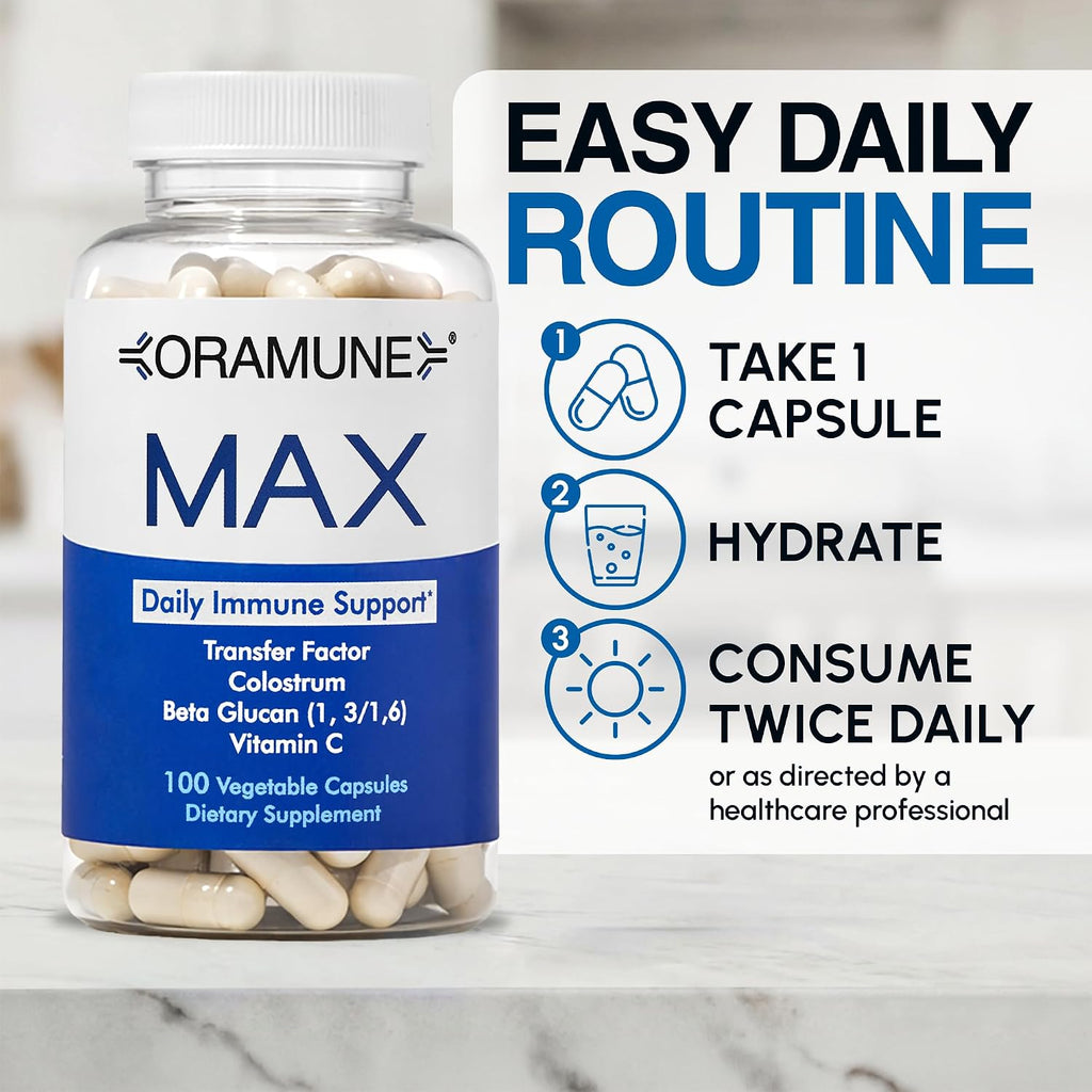 Oramune Max Support – Suplemento Inmunitario con Transfer Factor, Calostro Bovino, Beta-Glucano y Vitamina C – 100 Cápsulas