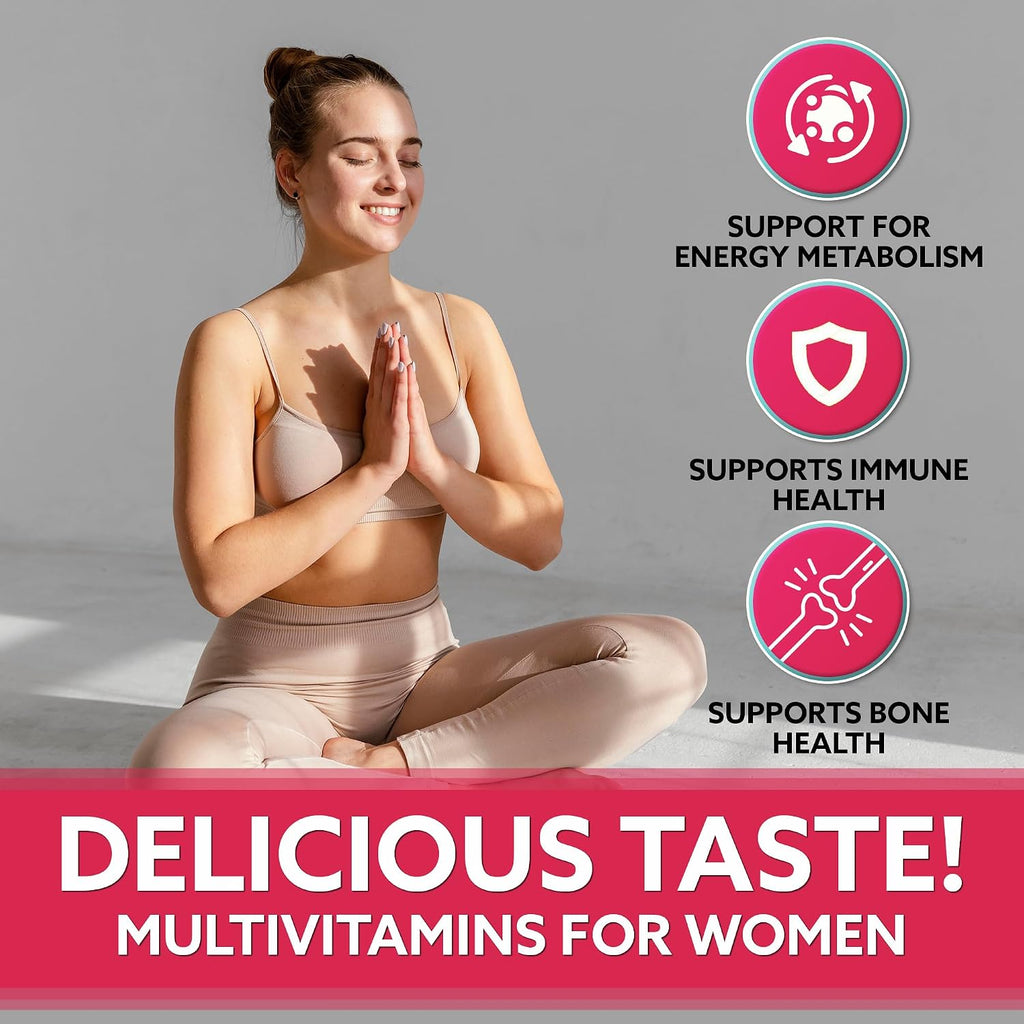Droppels Gominolas Multivitamínicas para Mujer con Ácido Fólico, Vitaminas A, D, C, E, K, B6, B12, Biotina y Hierro - Vegano, No-GMO - 60 Gomitas Sabor Té de Melocotón